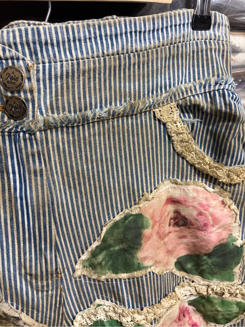 NWT A RARE BIRD Bohemian Vintage Rose Ticking High Waist Lace Denim Blue Stripe - Picture 4 of 16